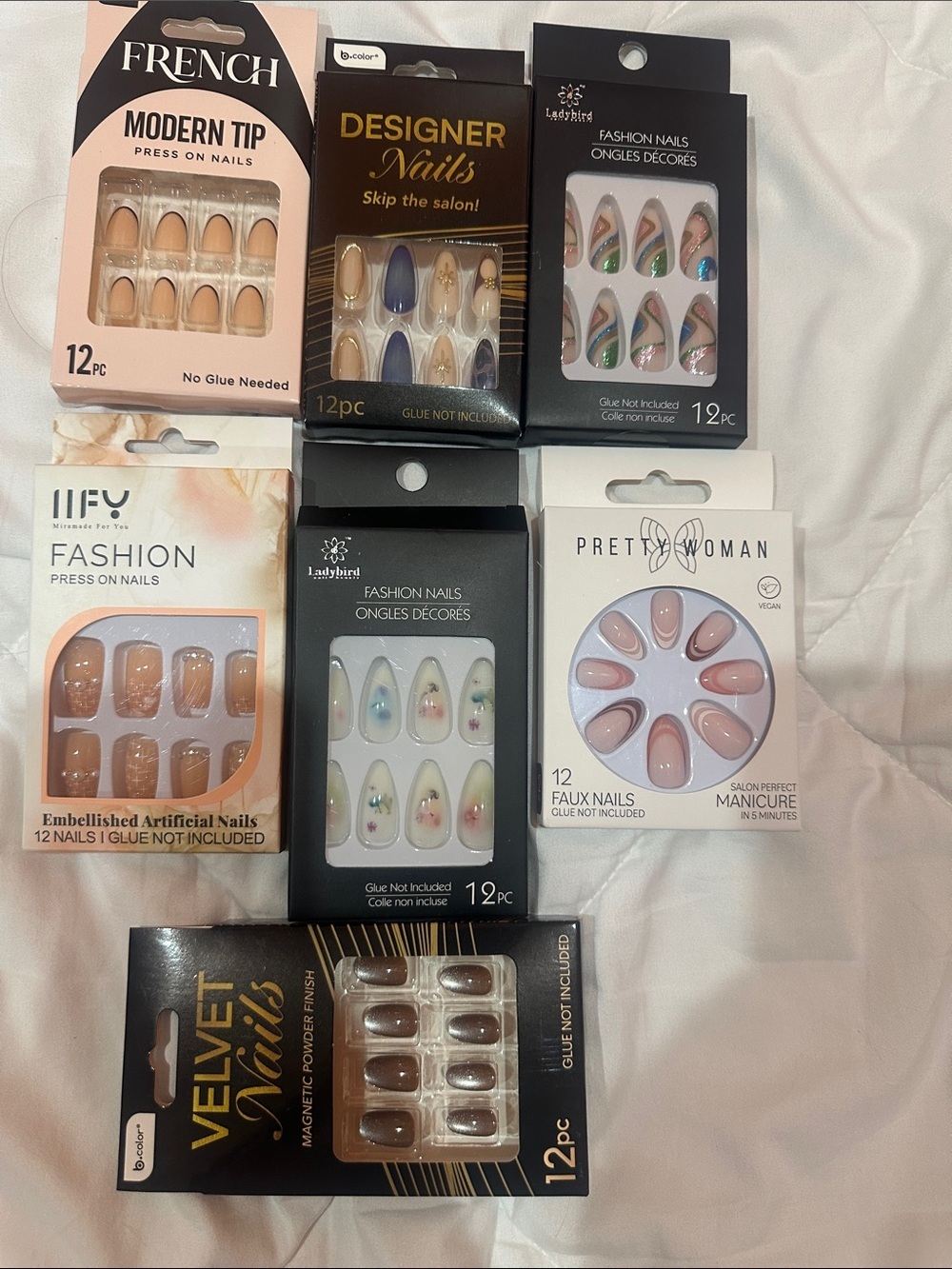 Assorted Press-On Nail Sets - Neutral, Pink, Blue & Glitter Designs (7 Packs)